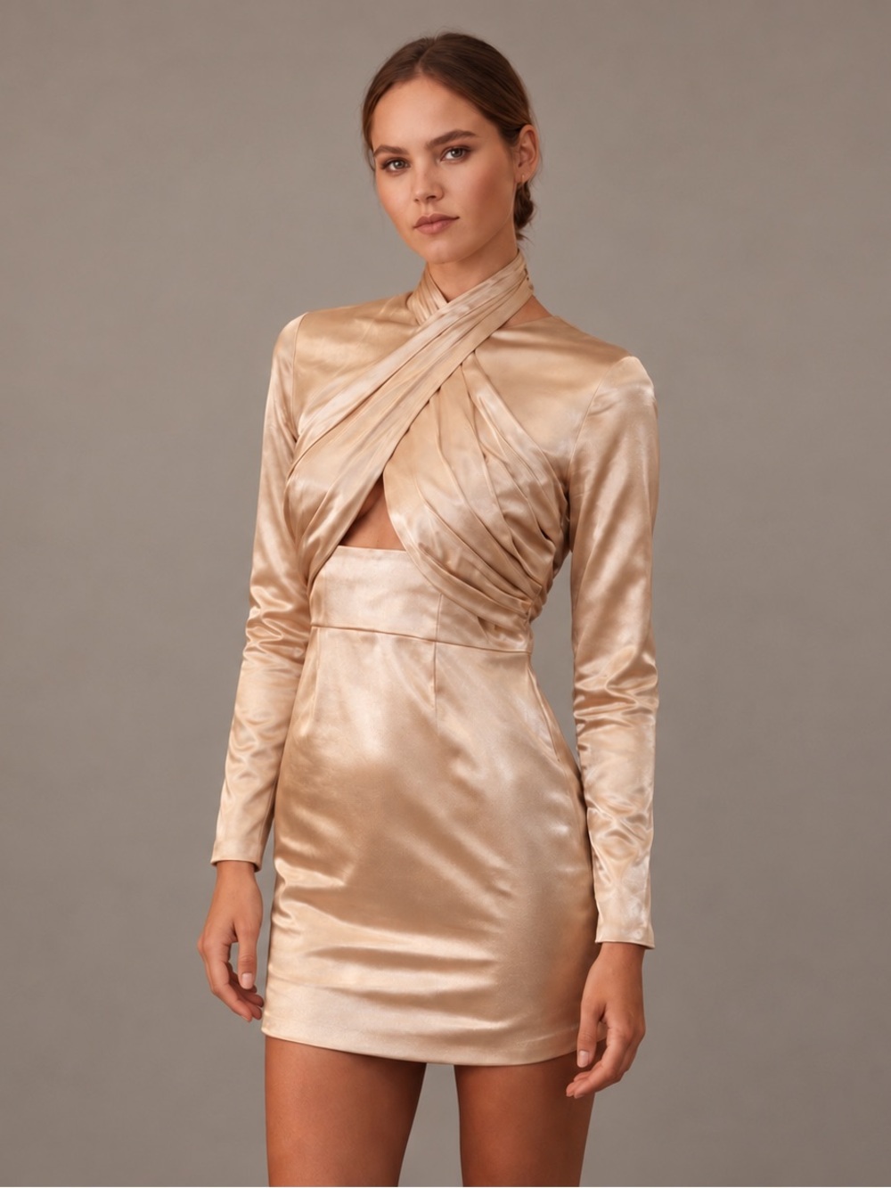 Keepsake Oyster Emilio Long Sleeve Criss Cross Mini Dress NWT M/6 #1911
